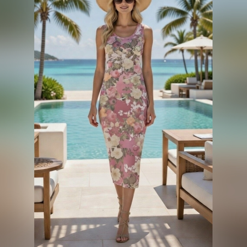 Floral Midi Stretch Dress Whimsygoth Boho Rhinestone Embellished Romantic Alt